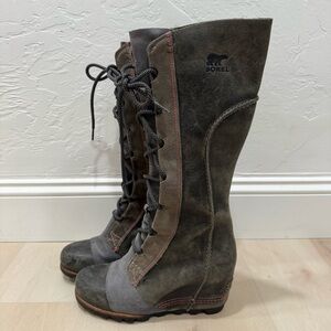 Sorel Cate the Great Wedge Tall Boots Lace Up Women's 7 Charcoal Gray Rare
